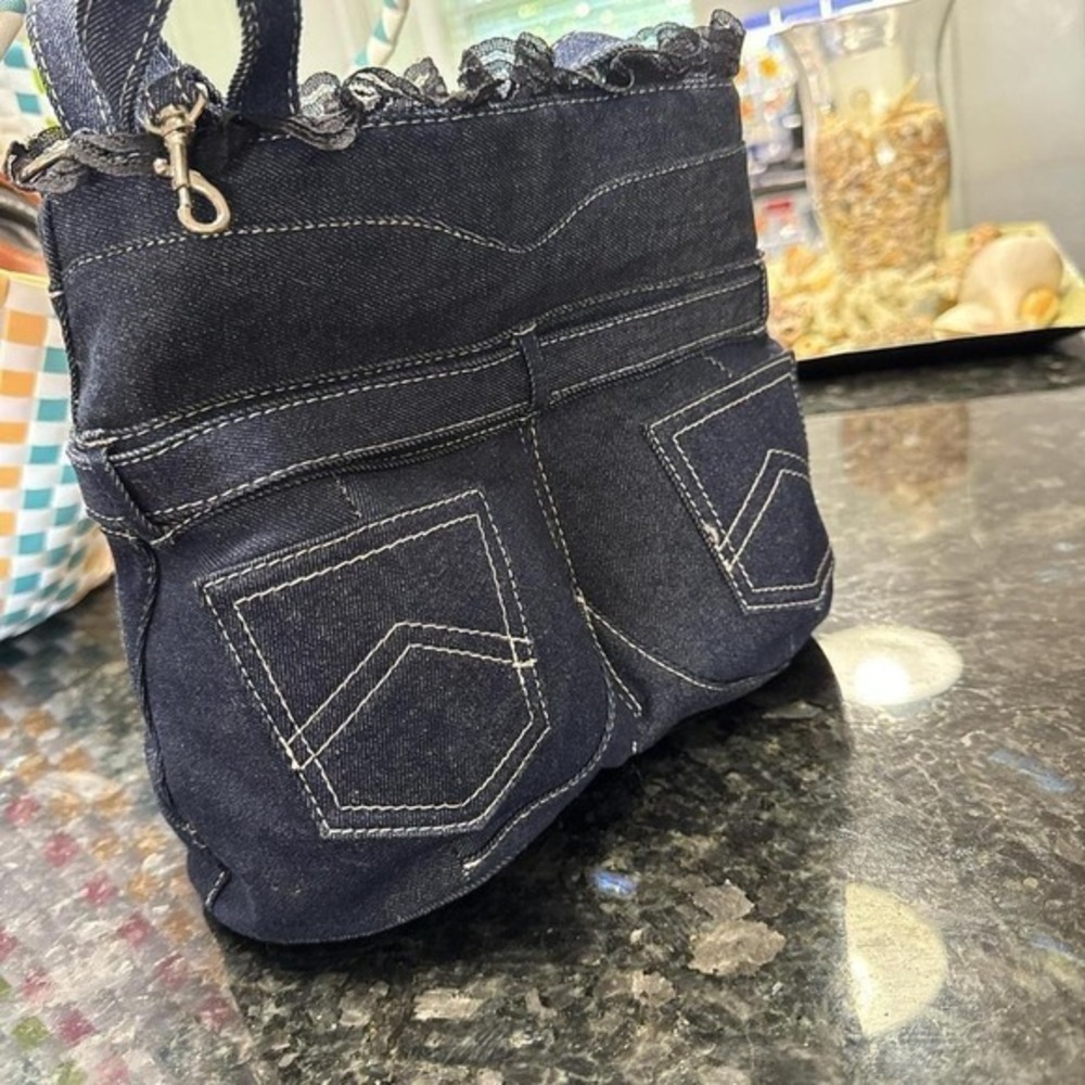 Far Nine Denim Jean Bag Purse With Black Lace Trim And Belt Detail